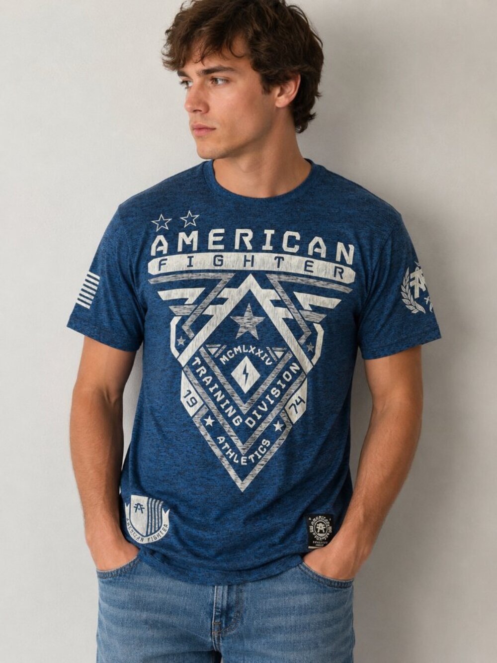 American Fighter Men's Xl Graphic Tee Shirt Blue Training MMA Short Sleeve Y2K